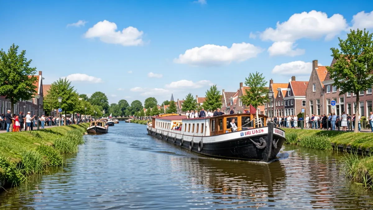 Feestelijke scène van een kanaal met een historische boot en Vlaamse architectuur op de achtergrond.