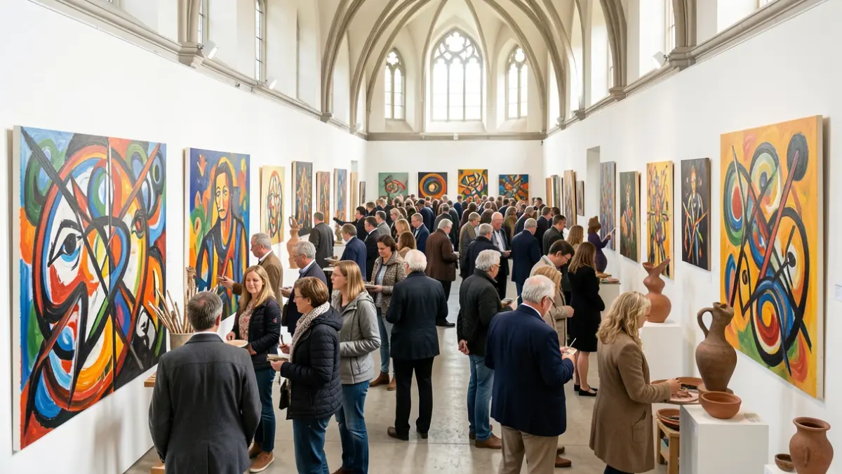 Abstracte weergave van 40 kunstenaars die diverse kunstvormen tonen in een lichte tentoonstellingsruimte in Pelt.