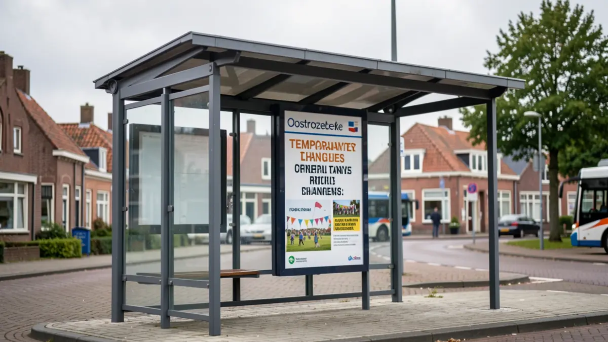 A bus stop in Oostrozebeke displaying information about route changes during the local fair.