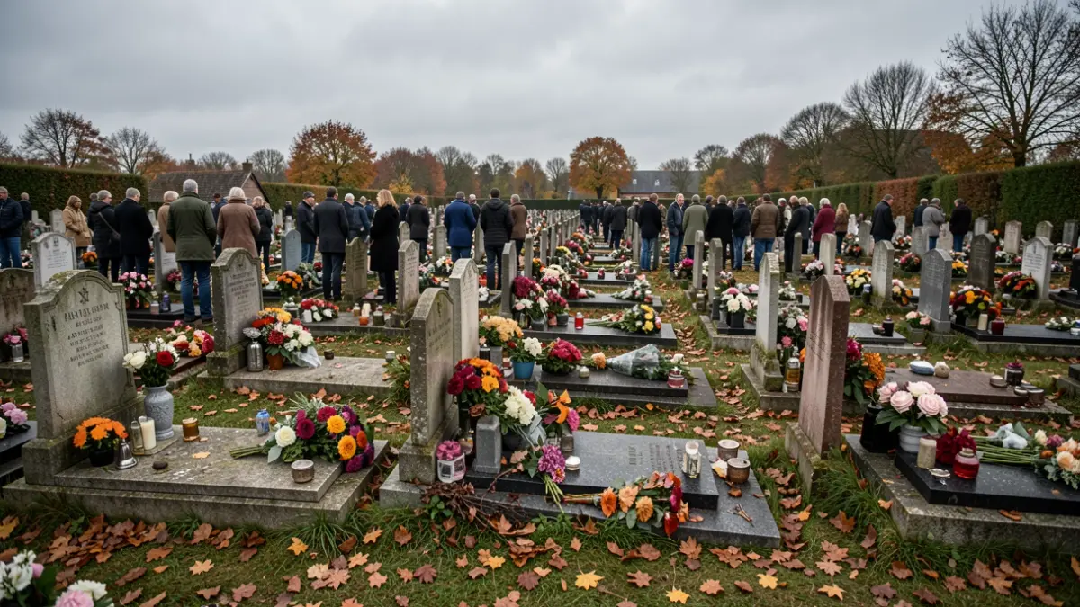 Een plechtige begraafplaats in Vlaanderen tijdens de herfst, met grafstenen en bloemstukken onder een grijze, bewolkte hemel. De focus ligt op de sfeer van herdenking en het ordelijke uiterlijk van de graven.