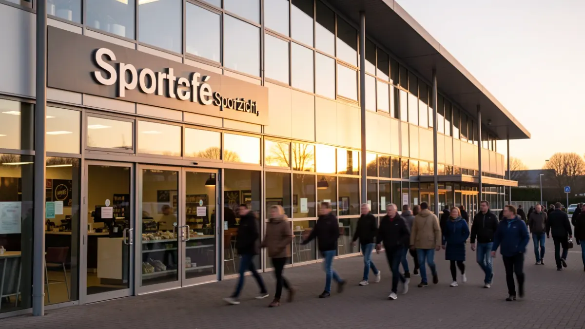 Gevel van een modern sportcentrum met grote ramen, een uithangbord met 'Sportcafé' en 't Sportzicht, warm avondlicht, wazige figuren van mensen die op de achtergrond wandelen.