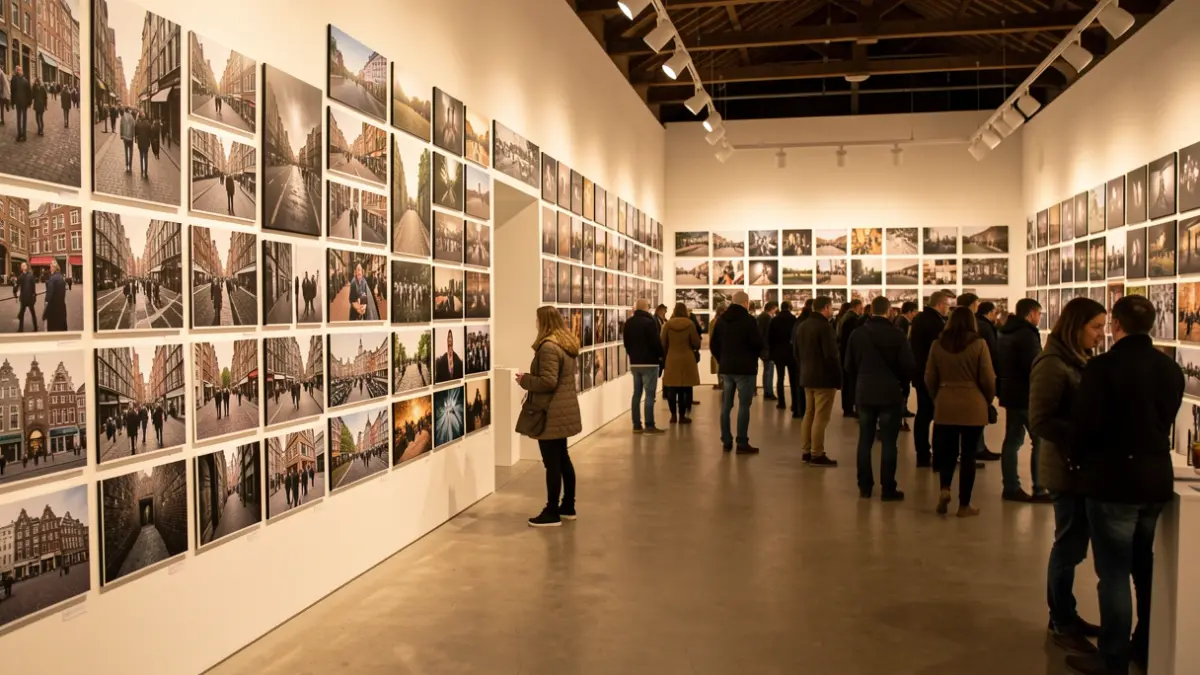 Selection of over 3,000 analog photographs displayed in a modern exhibition space at Het Steen, Antwerp, featuring personal cityscapes.