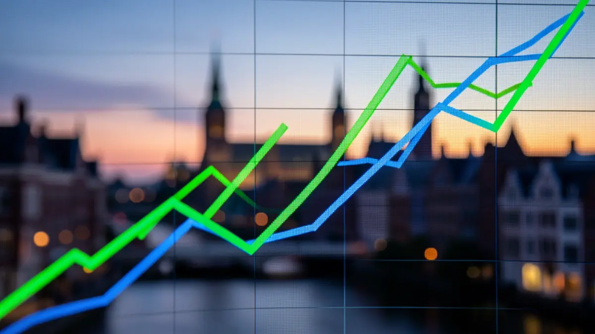 Graph showing a downward trend against the Antwerp skyline at dusk.