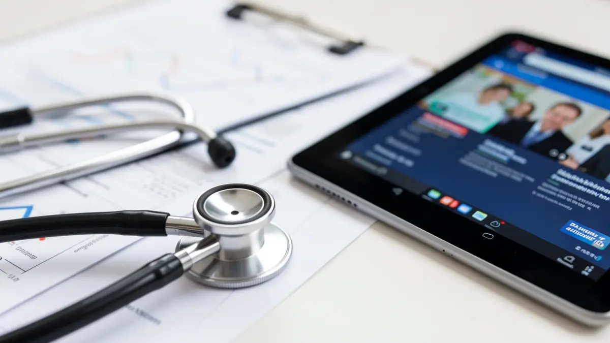 Generic image of a stethoscope on medical documents with a tablet showing a podcast, in a Flemish hospital setting.