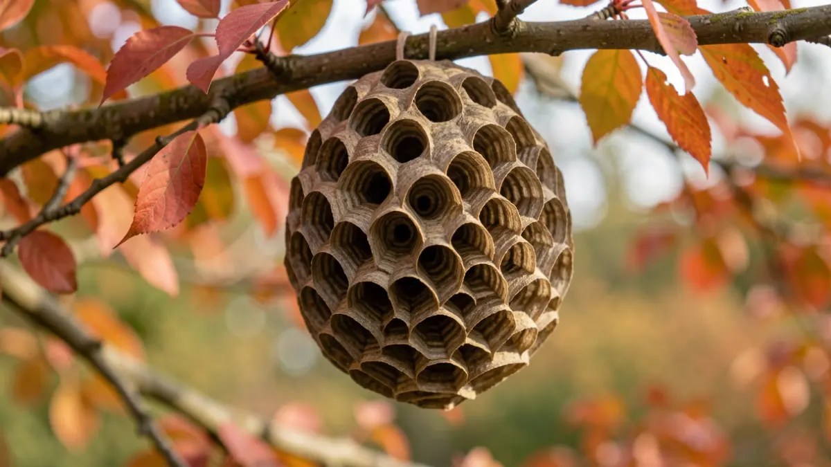 A close-up of an Asian hornet nest with autumn leaves in the background.