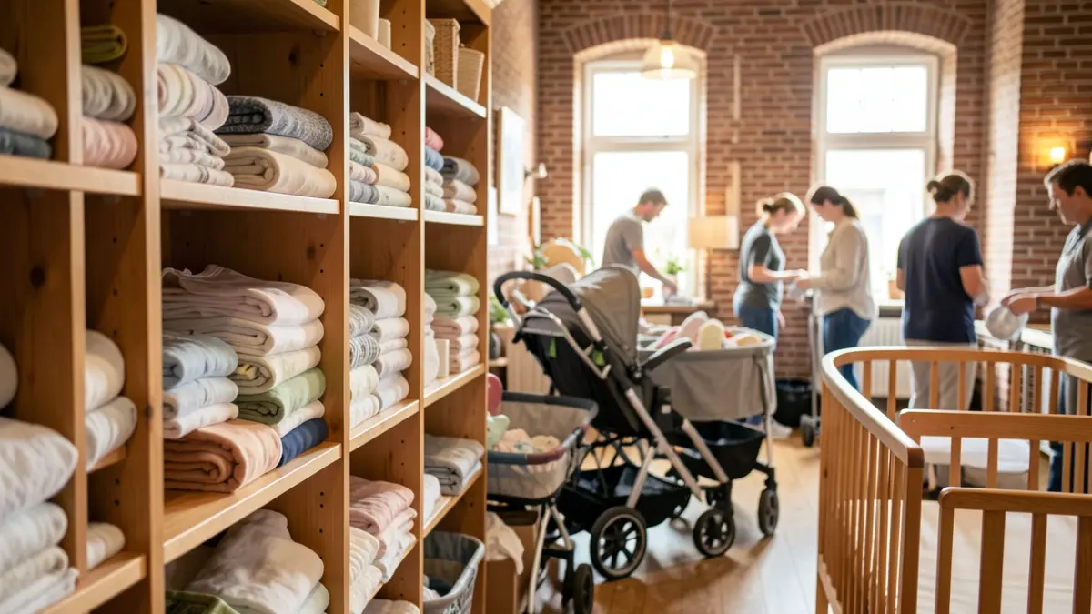 Interieur van een gemeenschapsruimte in Vlaanderen met rekken vol babykleding en -spullen, zacht licht en een warme sfeer.
