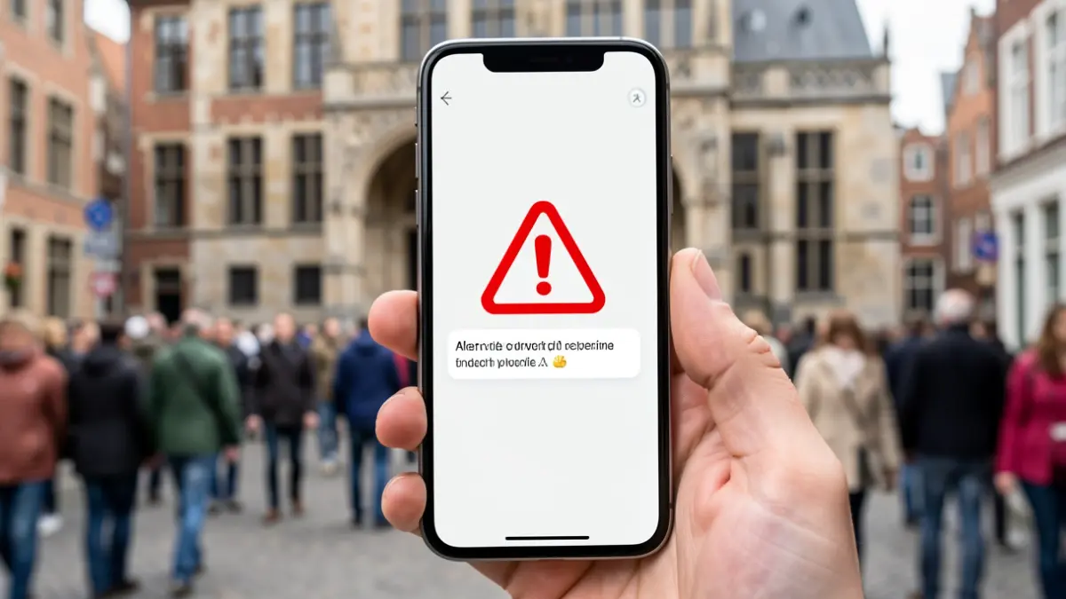 Generic image of a smartphone displaying an emergency alert, against a blurred background of a Flemish town hall.