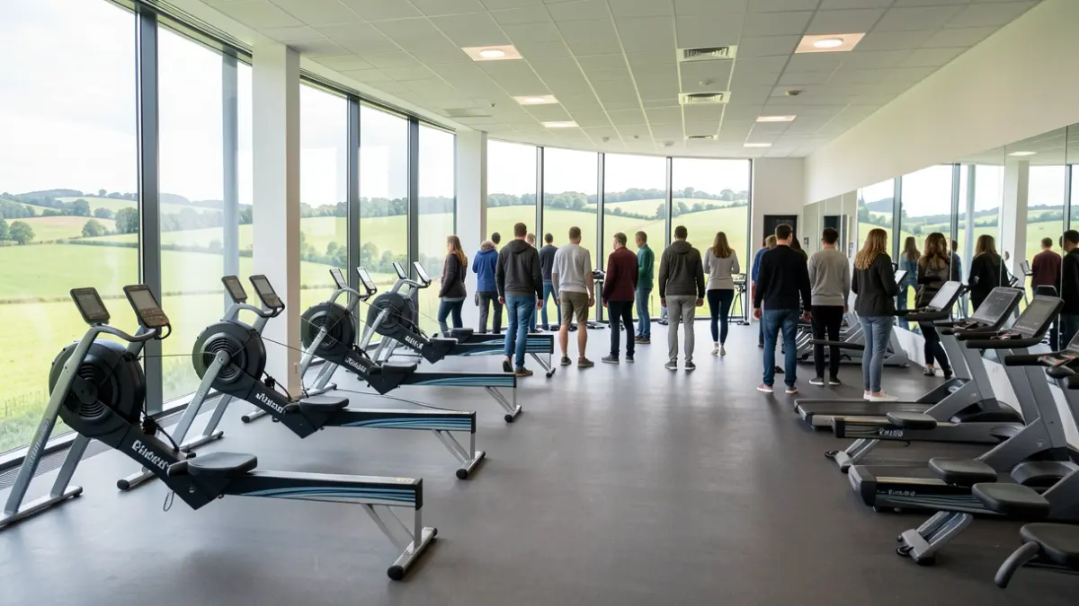 Interior of a modern fitness studio with rowing machines and large windows overlooking a green, hilly Flemish landscape, bright daylight.