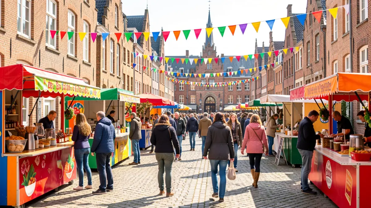 Festively decorated market square in Beringen for the Weekend of the Customer, with food and drink stalls and celebrating people in the background.