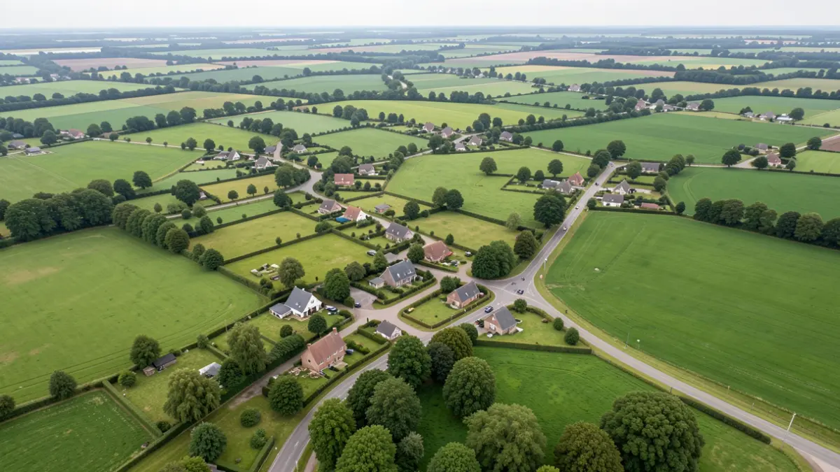Aerial view of a green valley in Flanders with scattered houses and winding roads, emphasizing the landscape and rural setting. Soft, diffused daylight. No people or text visible.