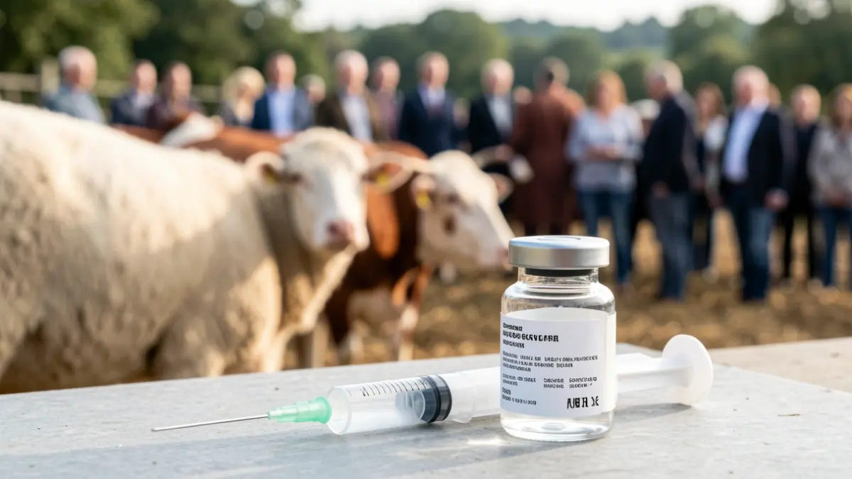 Close-up van een dierenartsspruit en een flesje met schapen en runderen op de achtergrond.