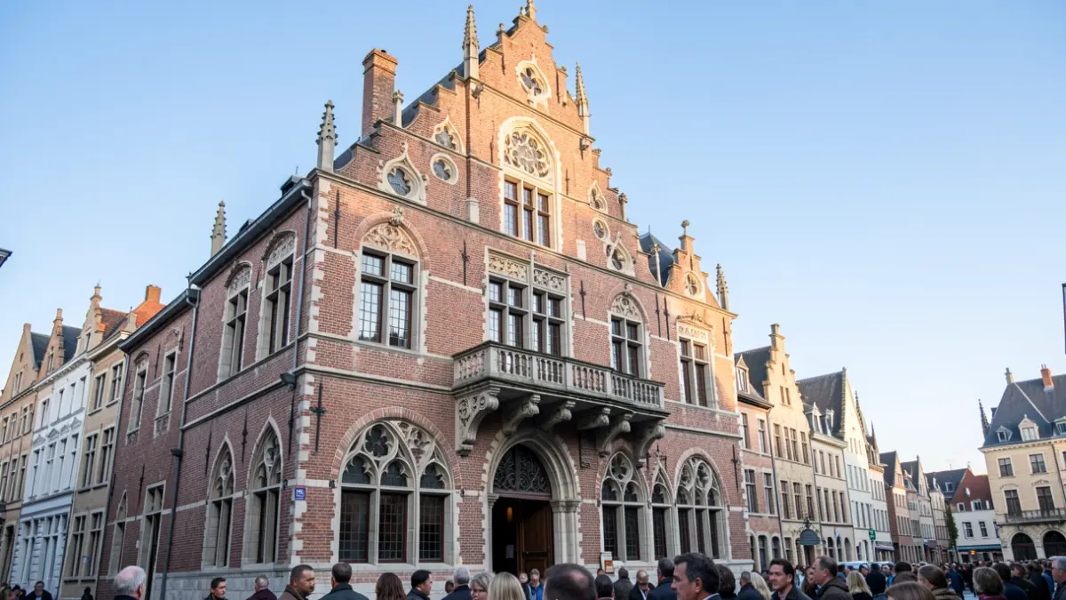 Generieke afbeelding van een Vlaamse gemeentehuisgevel met balkon en traditionele architectuur onder een blauwe hemel.