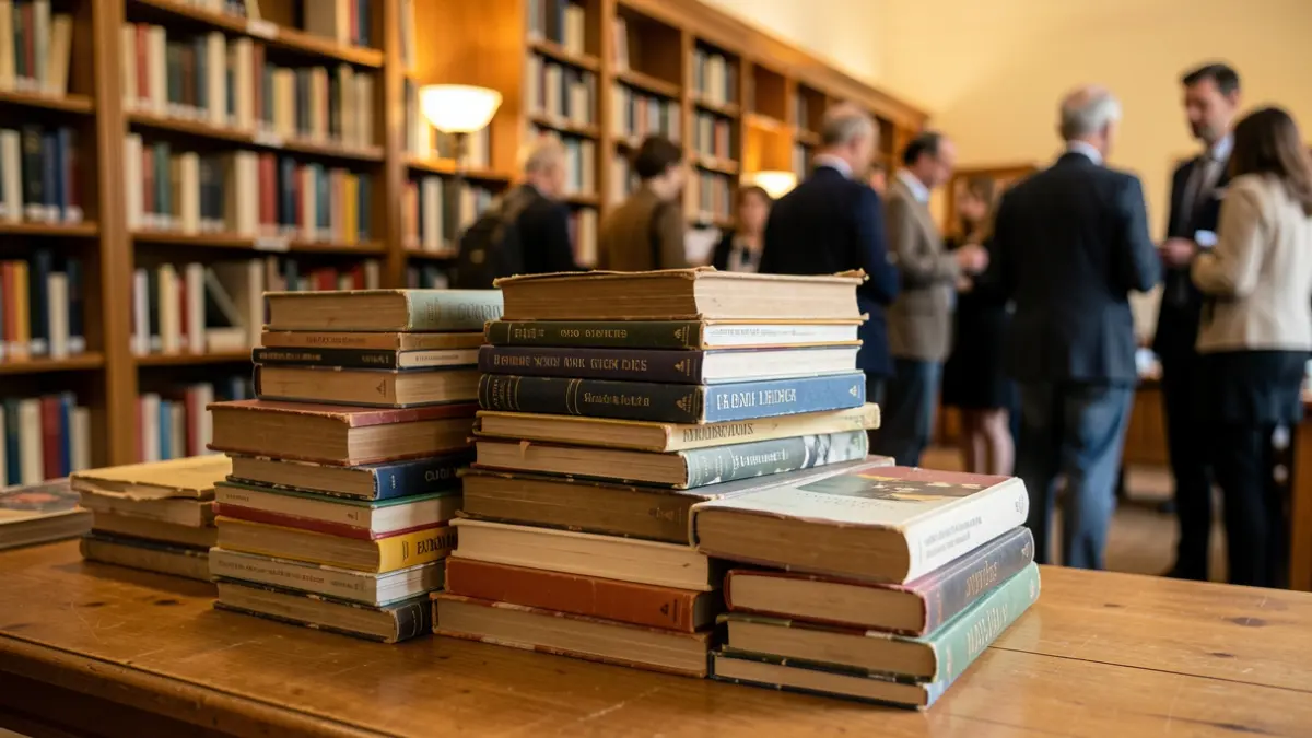 Generic image of a stack of second-hand books on a wooden table in a library.