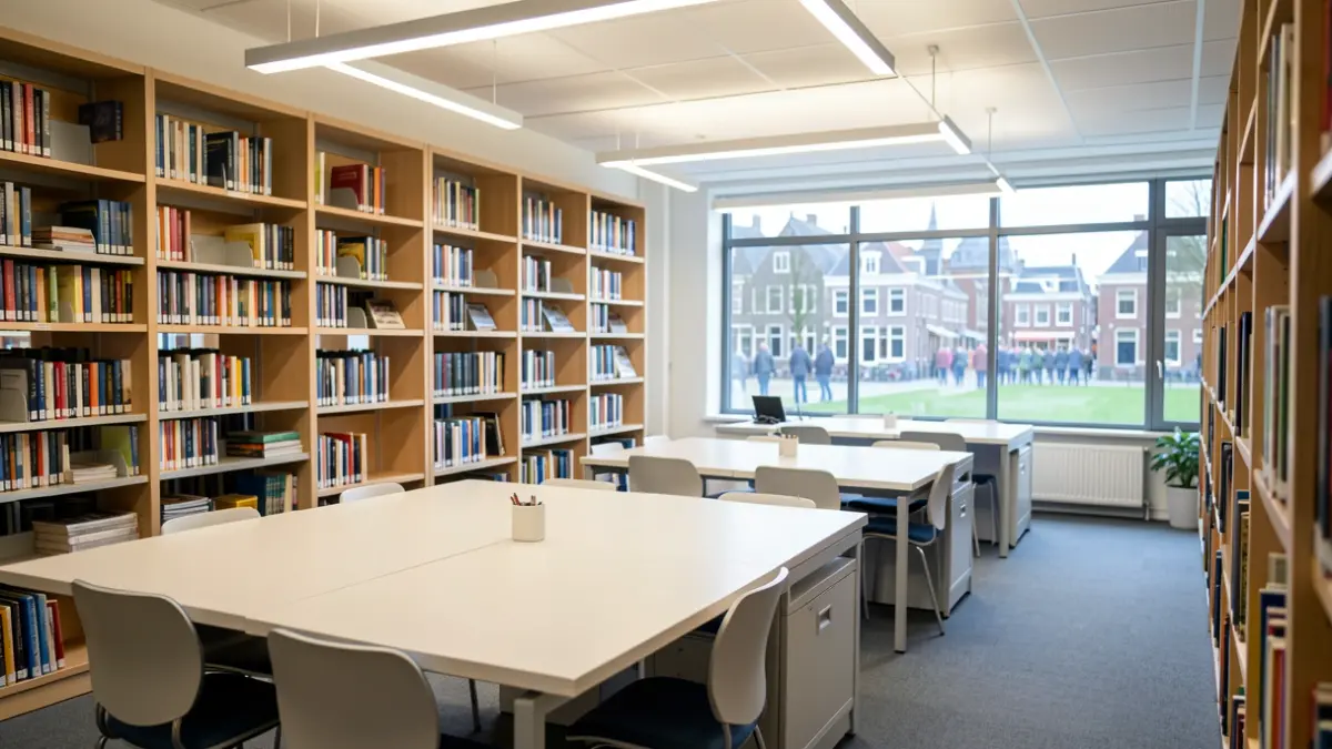 Generic image of a modern library in Flanders with study areas and bookshelves, illuminated by LED lighting.