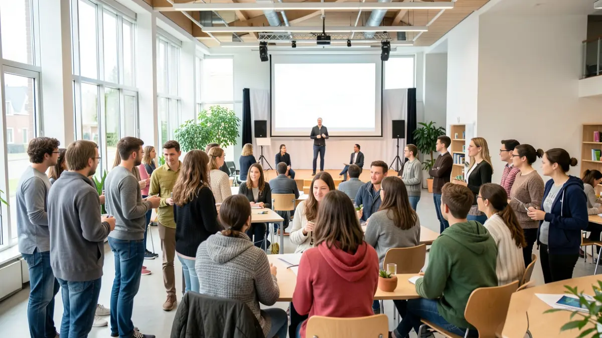 Groep jongeren en volwassenen in een gemeenschapscentrum tijdens een evenement over mentale gezondheid.
