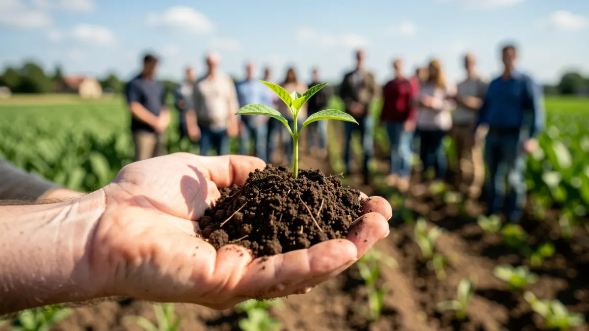 Generic image of a hand holding an organic seedling with green fields in the background.