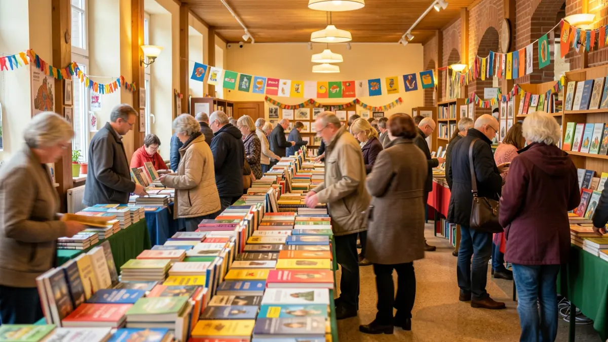 Een levendige boekenbeurs in een Vlaams gemeenschapscentrum, met wazige figuren die tafels vol boeken bekijken, warme binnenverlichting en kleurrijke decoraties. Focus op de sfeer van ontdekking en gemeenschap. Geen tekst of specifieke logo's zichtbaar.