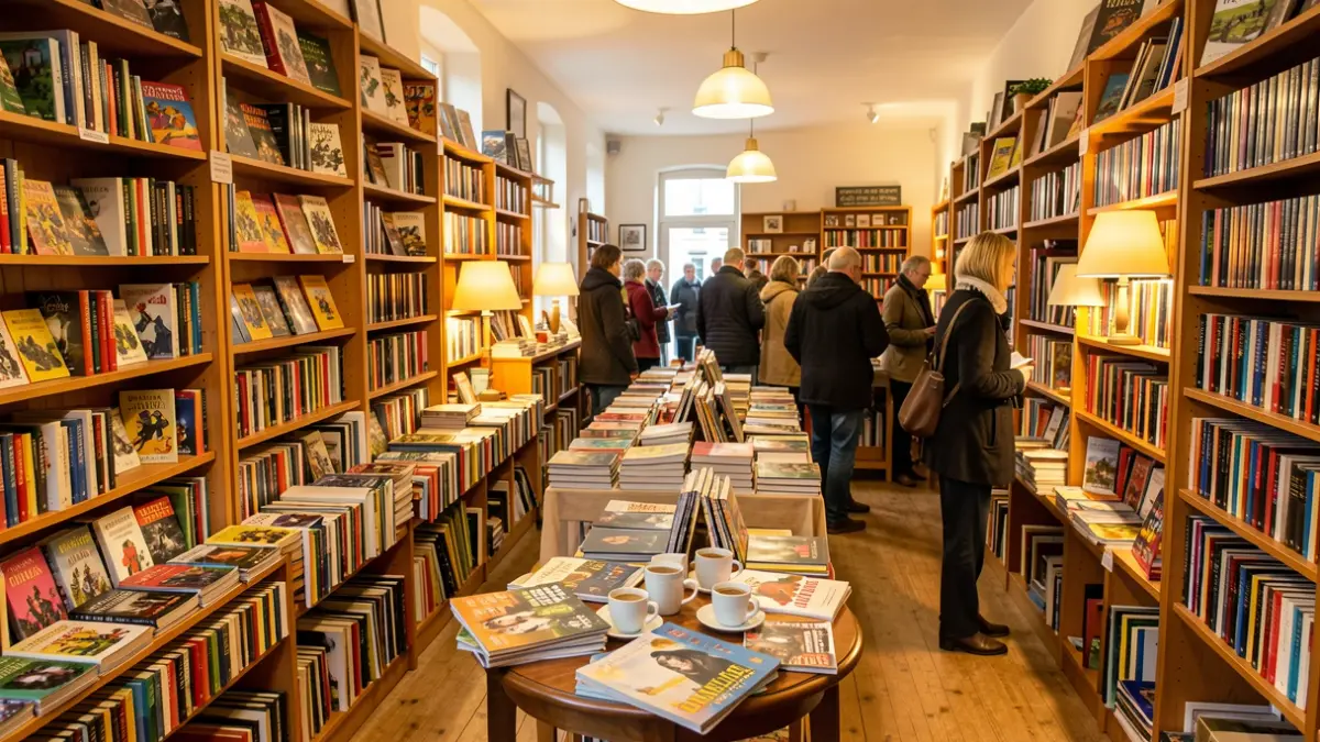 Gezellige boekenverkoop in een Vlaamse feestzaal met overvolle rekken en tafels, warme sfeer.