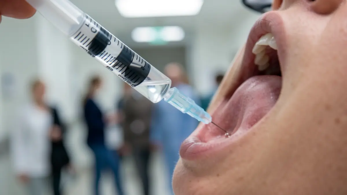 Medische injectie in de keelregio, met ziekenhuisachtergrond.