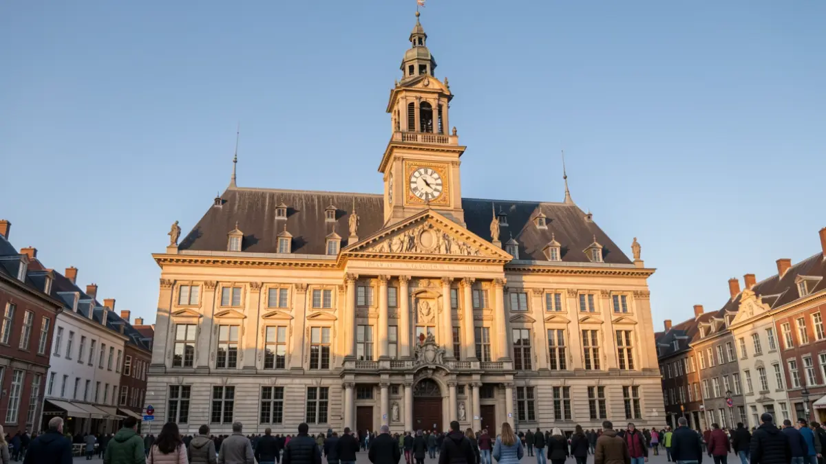 Stadhuis van een Vlaamse gemeente met een belfort en details in de late namiddagzon.