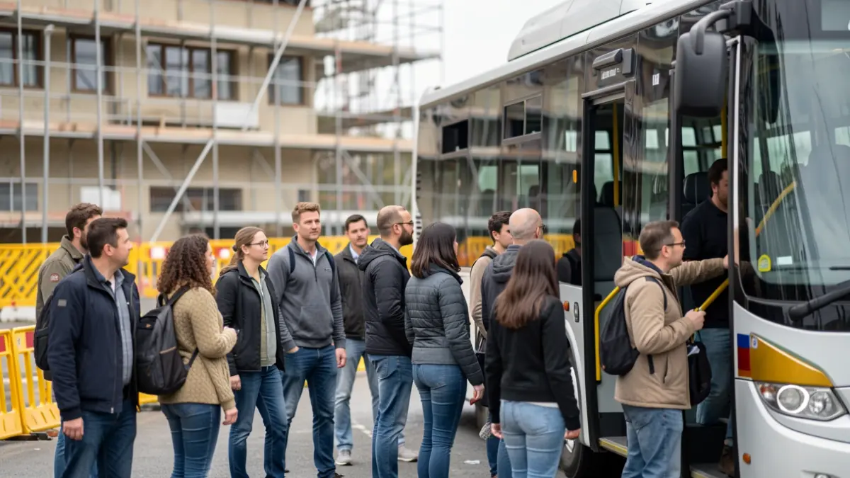 Group of job seekers boarding a bus for a Construction Safari in West-Limburg.