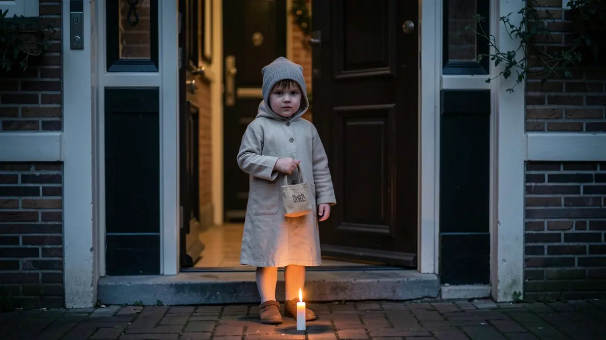Een kind in een eenvoudig kostuum staat op een stoep met een brandende kaars voor de deur, klaar voor Halloween.
