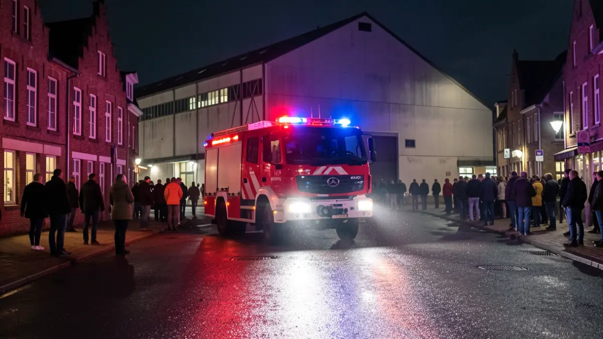 Emergency lights of a fire truck on wet asphalt at night, with an industrial site in the background in a Flemish town.