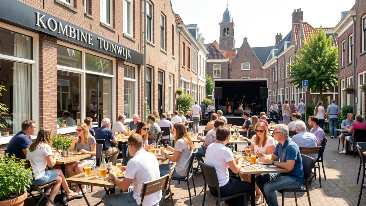 Festive opening of the Kombine Tuinwijk neighborhood bistro with many people on the terrace and musical performances.