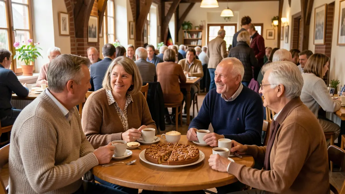 Een gezellige buurtbijeenkomst met koffie en taart in een Vlaamse gemeente.