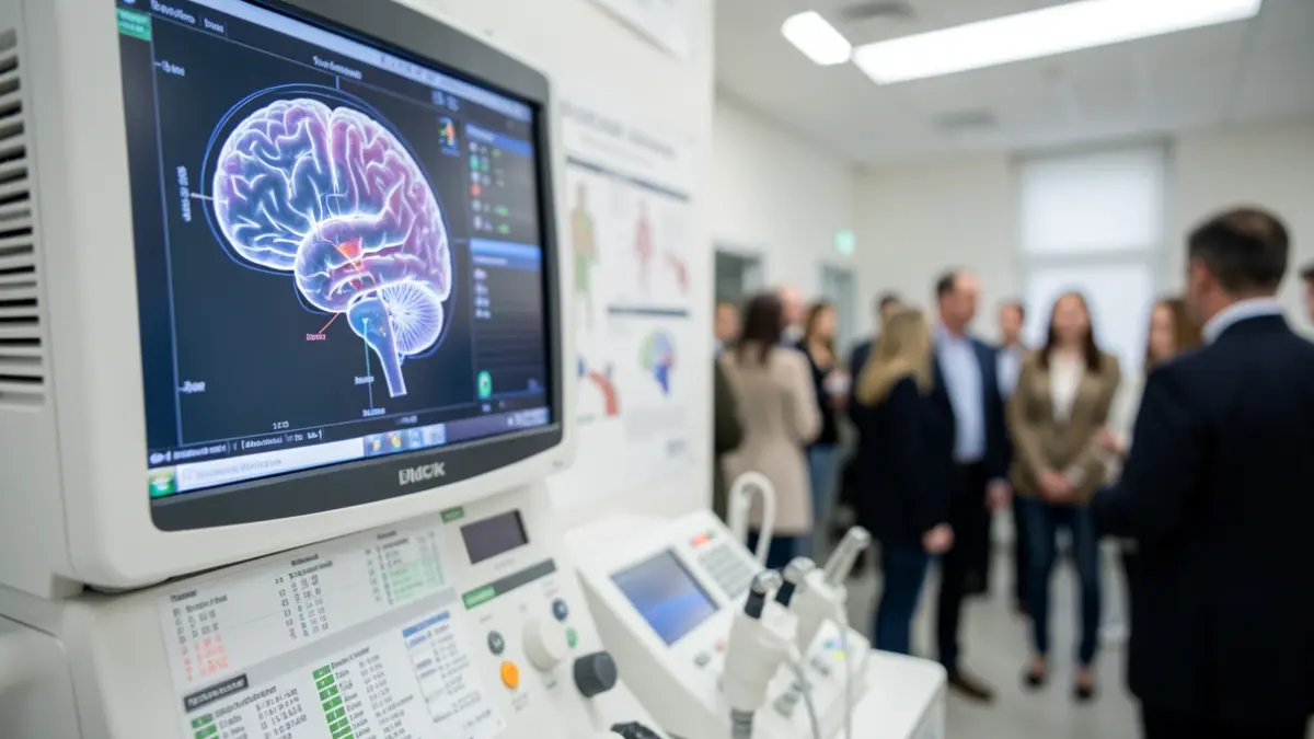 Close-up of brain scan or neurological test equipment, with blurred medical charts and data in the background. Soft, clinical lighting. Focus on the technology and data analysis aspect.