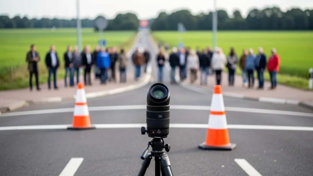 Cameras and traffic cones at an intersection in Flanders, focusing on traffic analysis.