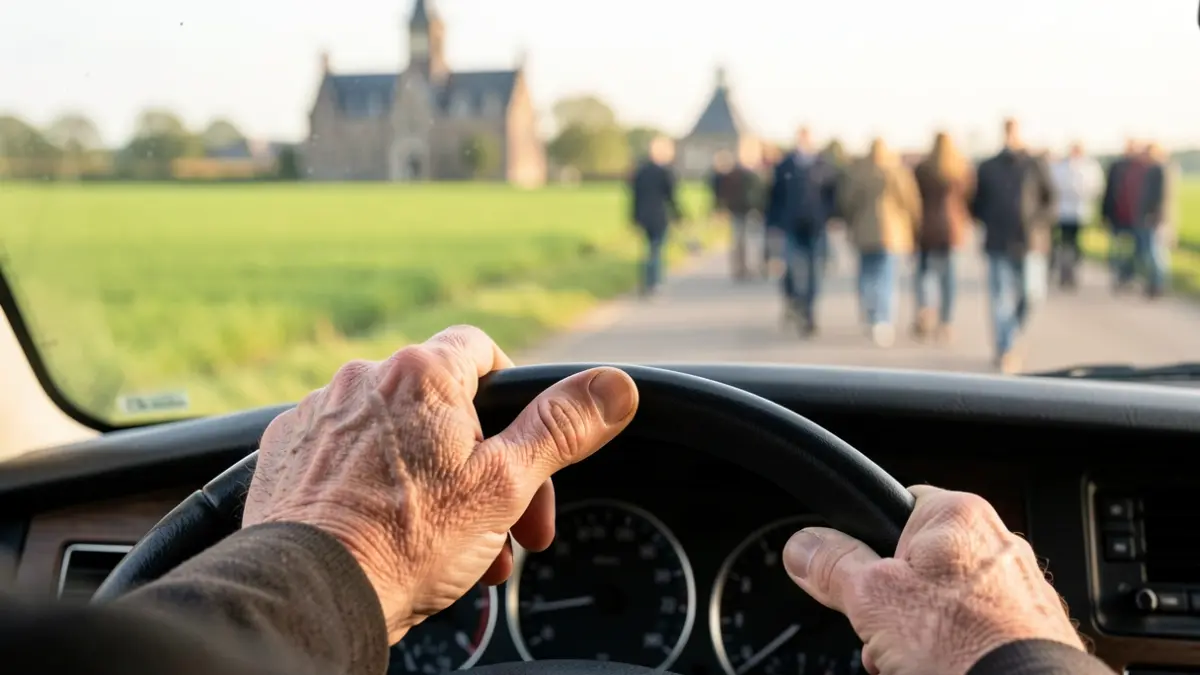 A close-up of a steering wheel with a hand gripping it, with a blurred Flemish landscape in the background.