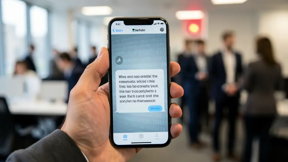 Close-up of a hand holding a smartphone displaying a blurred message from a trusted contact, with a subtle digital code overlay and a faint warning light.