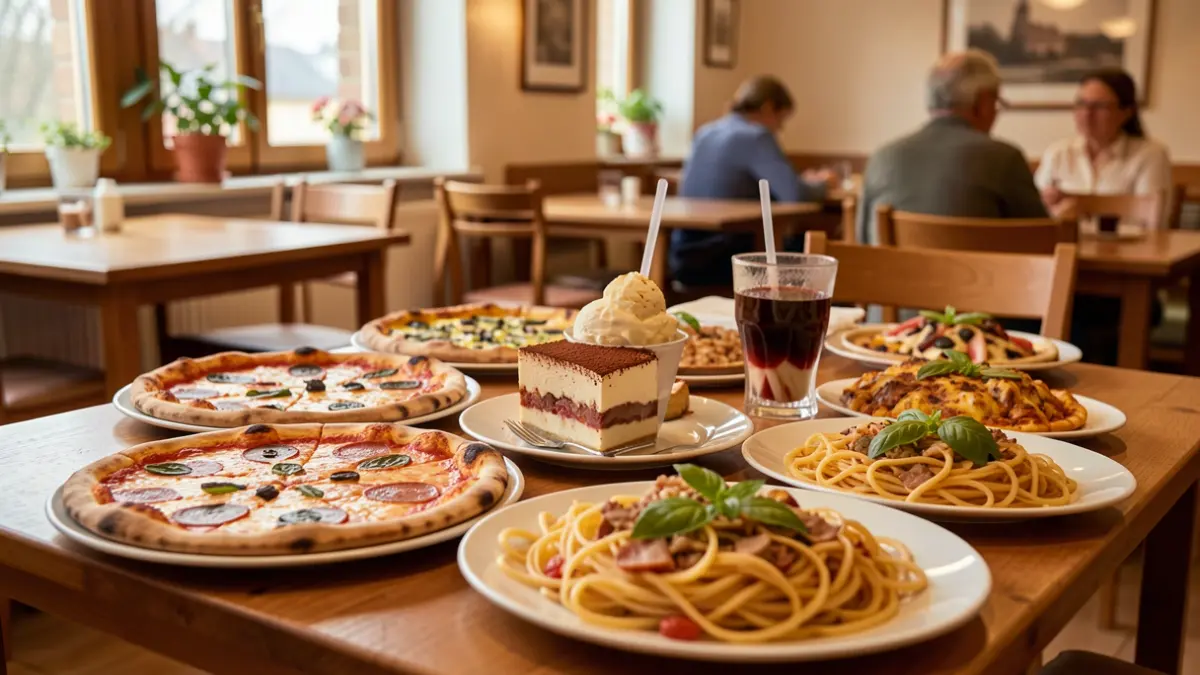 A table full of pizzas, pasta dishes, and desserts, in a casual setting.