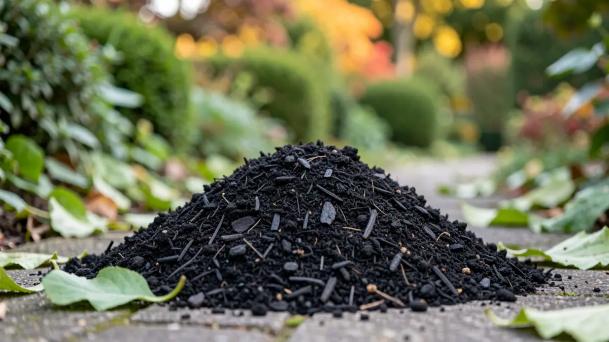 Een hoop donkere, rijke compost op een tuinpad met groene bladeren eromheen. Op de achtergrond een wazig tuinscène met struiken en herfstkleuren.