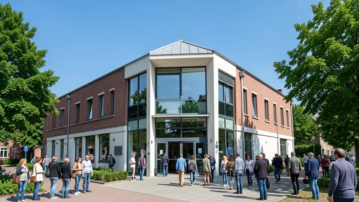 The Ter Dilft Cultural Center in Bornem, Belgium, featuring modern architecture under a blue sky.