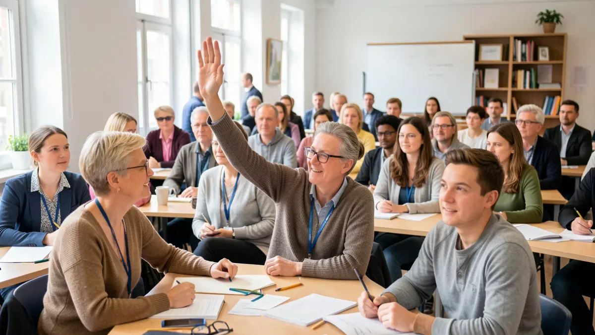 Group of adult students in a CVO Gent classroom, focusing on education and career development.