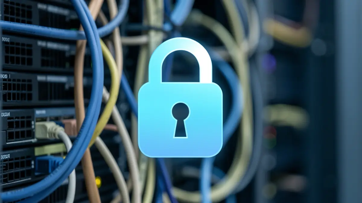 Generieke afbeelding van een digitaal hangslot-icoon op een wazige achtergrond van netwerkkabels en serverracks.