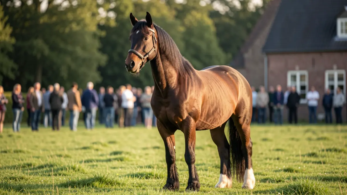A majestic Belgian draft horse in a field at De Brielmeersen domain, with traditional Flemish architecture in the background.