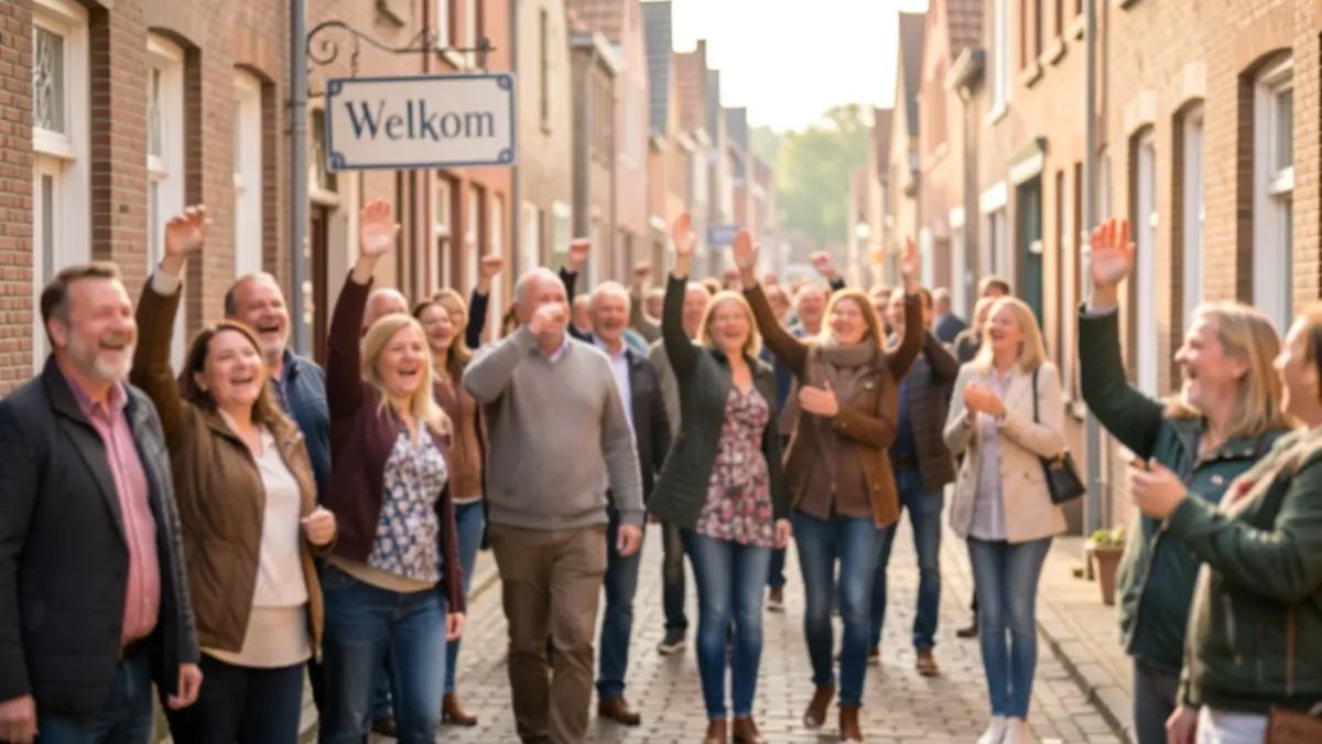 Een groep mensen juicht langs een pad in een Vlaamse gemeente, met een 'Welkom'-bord op de achtergrond.