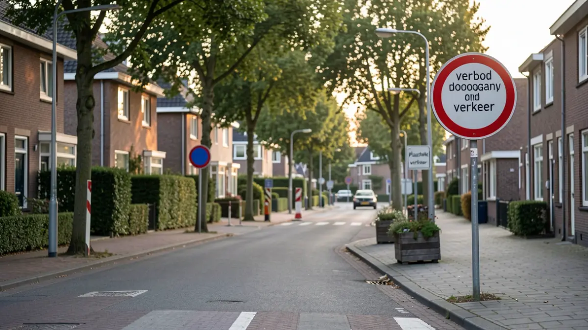 Street view in a Flemish residential neighborhood with signs indicating a ban on through traffic.