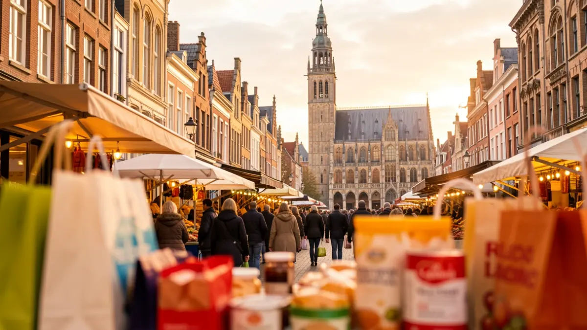 Generic image of local commerce in Flanders with Belgian architecture and shopping products.