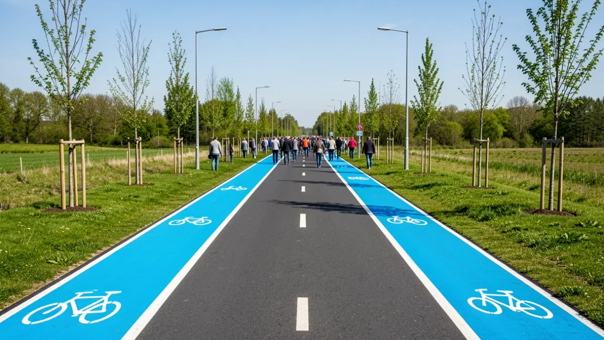 Newly paved Deusterstraat in Peer with wide bicycle paths and young trees.