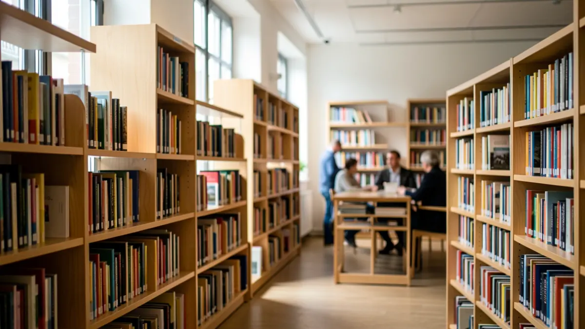 Generic image of a library interior with bookshelves and soft lighting.