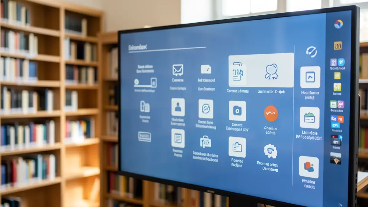 Generieke afbeelding van een digitaal scherm met online diensten in een bibliotheekomgeving.