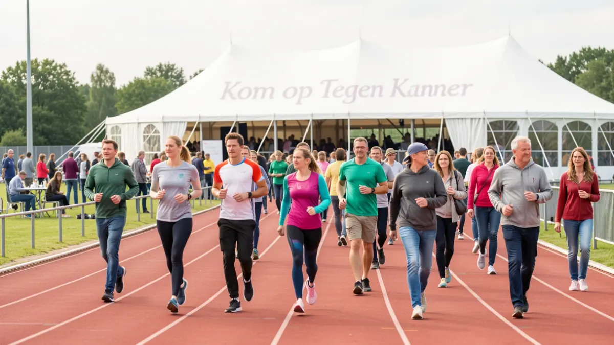 Groep deelnemers aan Levensloop Genk, wandelen en lopen voor Kom op Tegen Kanker, met ZOL-tent op de achtergrond.