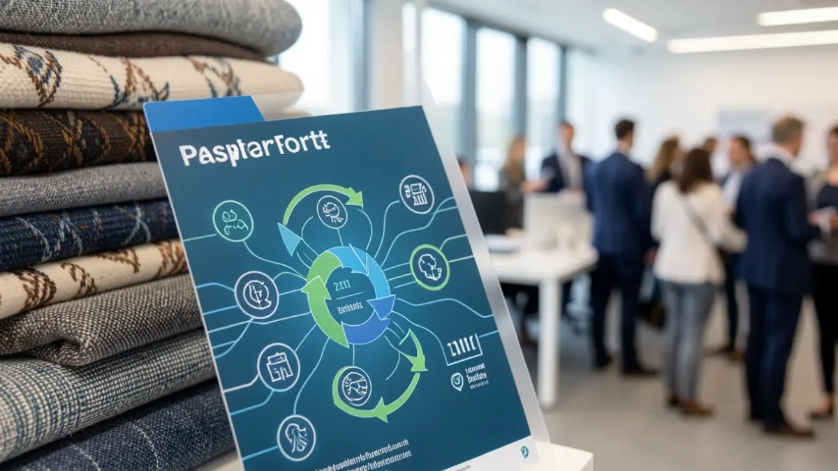 Abstracte weergave van een digitaal productpaspoort met symbolen van circulaire economie en datastromen.