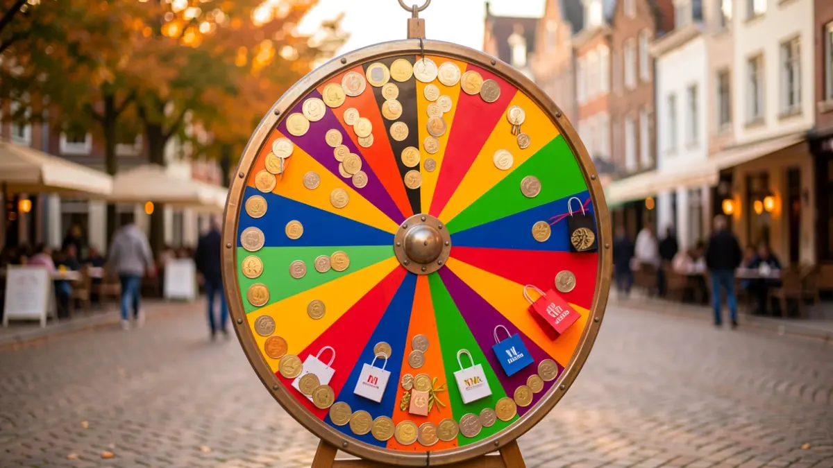 A colorful spinning wheel with prizes like euro coins and shopping bags, set against a blurred background of a Flemish town square in autumn.
