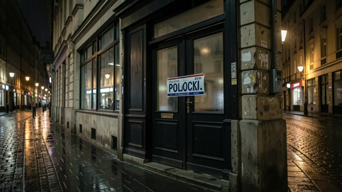 Gesloten drankgelegenheid met verzegelde deur in een Europese straat 's nachts, nat wegdek.