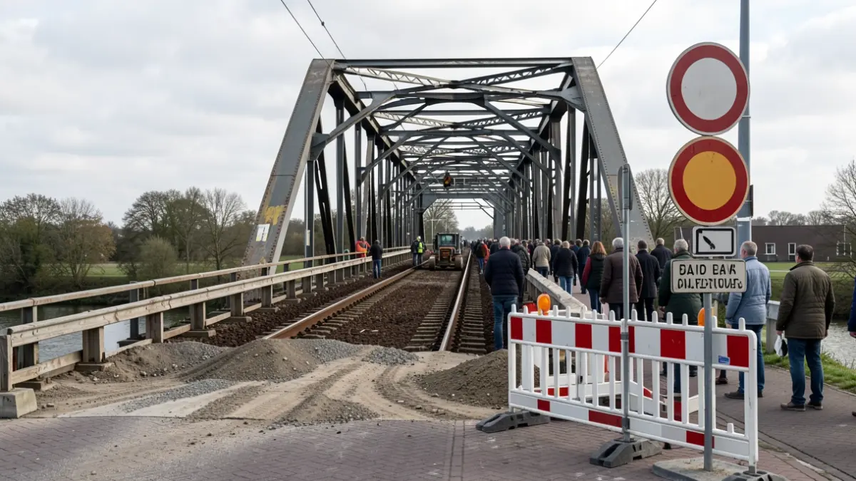 Works on a railway bridge in Merelbeke with detours for cyclists and pedestrians.
